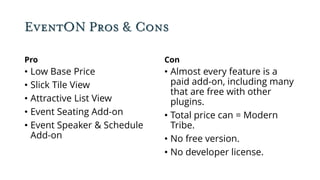 EventON Pros & Cons
Pro
• Low Base Price
• Slick Tile View
• Attractive List View
• Event Seating Add-on
• Event Speaker & Schedule
Add-on
Con
• Almost every feature is a
paid add-on, including many
that are free with other
plugins.
• Total price can = Modern
Tribe.
• No free version.
• No developer license.
 
