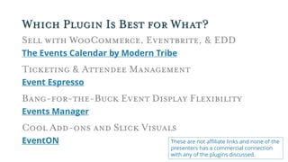 Which Plugin Is Best for What?
Sell with WooCommerce, Eventbrite, & EDD
The Events Calendar by Modern Tribe
Ticketing & Attendee Management
Event Espresso
Bang-for-the-Buck Event Display Flexibility
Events Manager
Cool Add-ons and Slick Visuals
EventON These are not affiliate links and none of the
presenters has a commercial connection
with any of the plugins discussed.
 