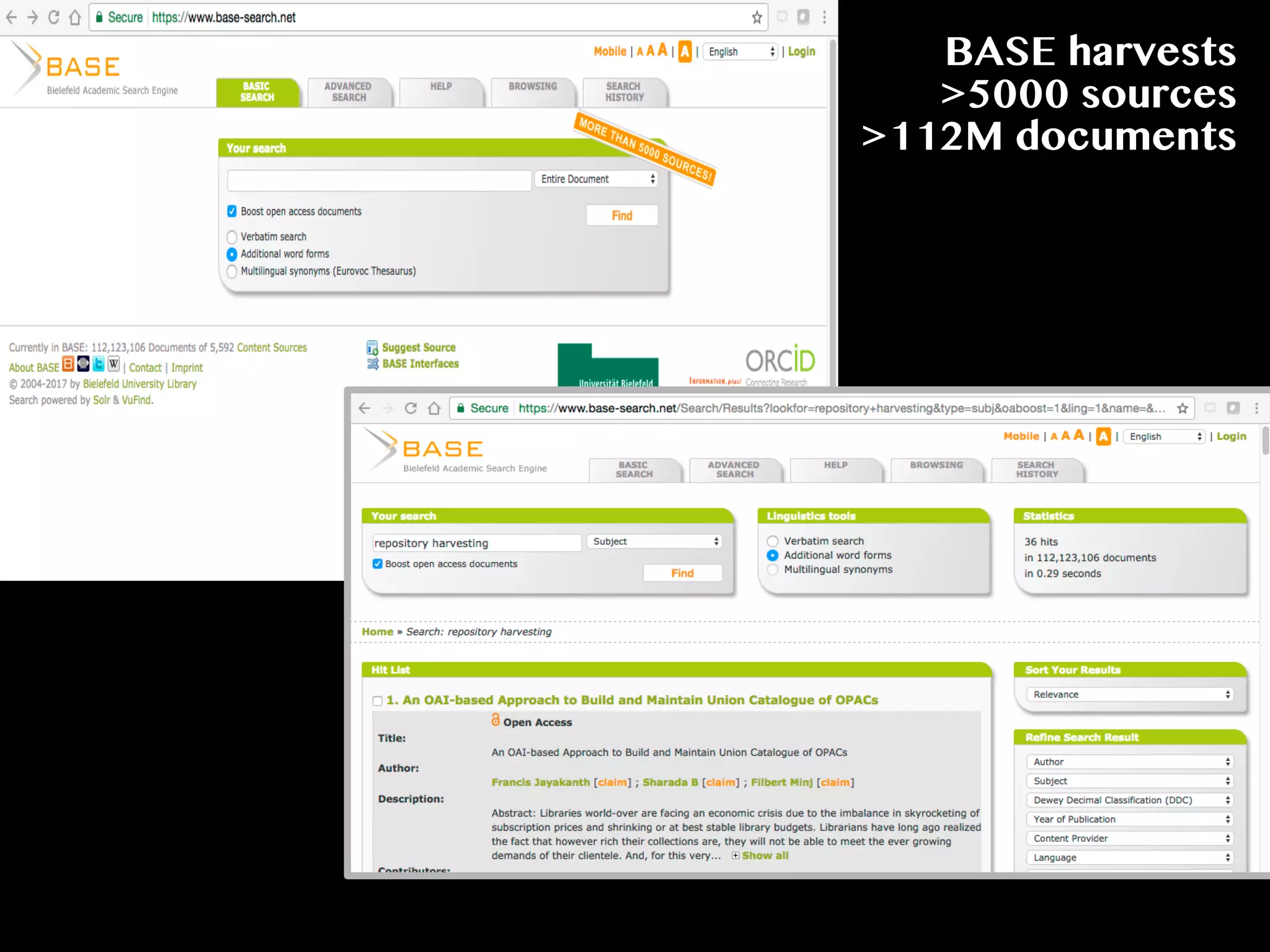 BASE harvests
>5000 sources
>112M documents
 