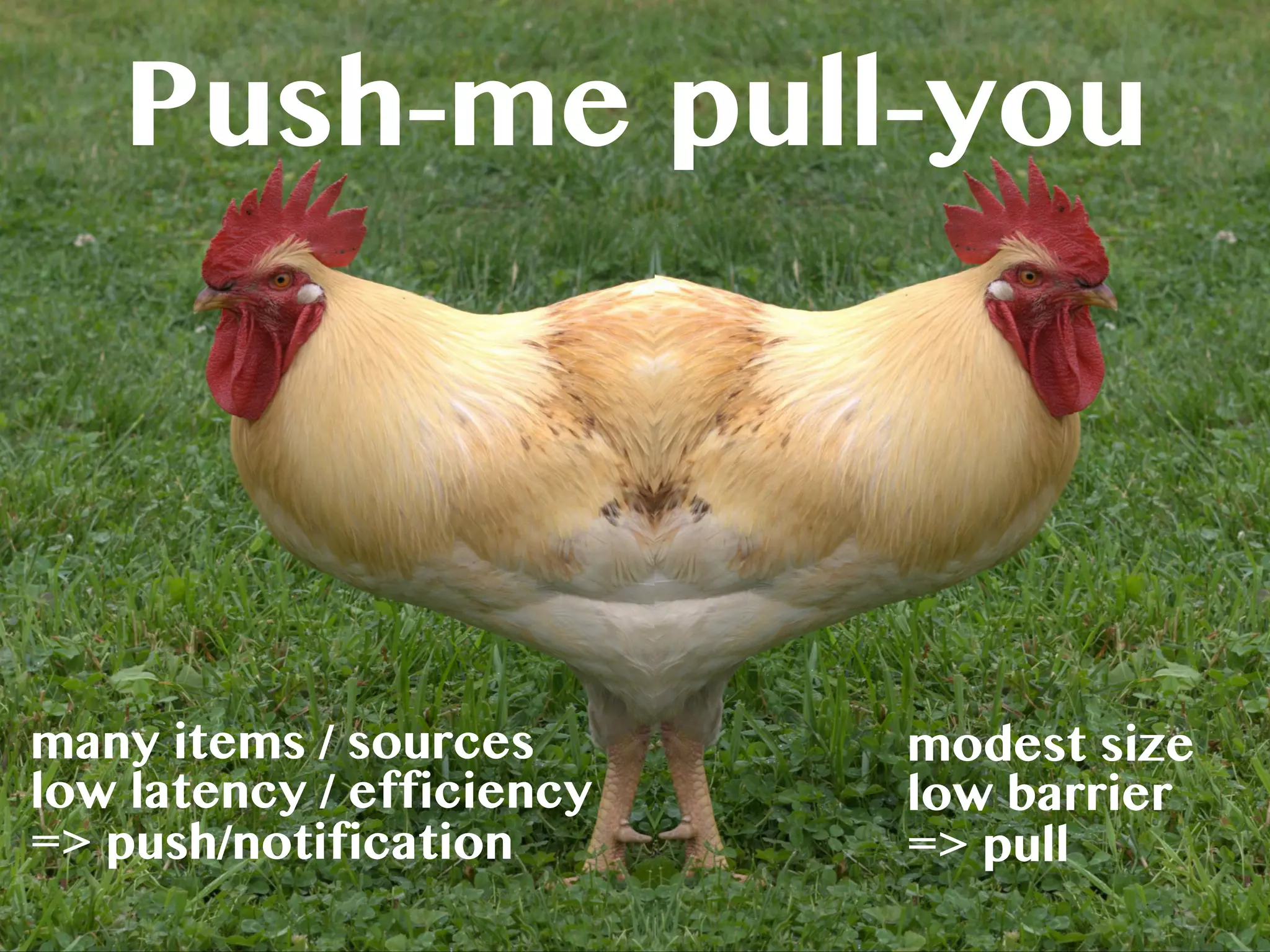 Push-me pull-you
many items / sources
low latency / efficiency
=> push/notification
modest size
low barrier
=> pull
 