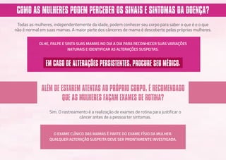 COMO AS MULHERES PODEM PERCEBER OS SINAIS E SINTOMAS DA DOENÇA?
ALÉM DE ESTAREM ATENTAS AO PRÓPRIO CORPO, É RECOMENDADO
QUE AS MULHERES FAÇAM EXAMES DE ROTINA?
Todas as mulheres, independentemente da idade, podem conhecer seu corpo para saber o que é e o que
não é normal em suas mamas. A maior parte dos cânceres de mama é descoberto pelas próprias mulheres.
Sim. O rastreamento é a realização de exames de rotina para justificar o
câncer antes de a pessoa ter sintomas.
O EXAME CLÍNICO DAS MAMAS É PARTE DO EXAME FÍSIO DA MULHER.
QUALQUER ALTERAÇÃO SUSPEITA DEVE SER PRONTAMENTE INVESTIGADA.
OLHE, PALPE E SINTA SUAS MAMAS NO DIA A DIA PARA RECONHECER SUAS VARIAÇÕES
NATURAIS E IDENTIFICAR AS ALTERAÇÕES SUSPEITAS.
EM CASO DE ALTERAÇÕES PERSISTENTES, PROCURE SEU MÉDICO.
 