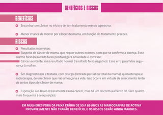 BENEFÍCIOS E RISCOS
Encontrar um câncer no início e ter um tratamento menos agressivo;
Menor chance de morrer por câncer de mama, em função do tratamento precoce.
BENEFÍCIOS
Resultados incorretos:
Suspeita de câncer de mama, que requer outros exames, sem que se confirme a doença. Esse
alarme falso (resultado falso positivo) gera ansiedade e estresse;
Câncer existente, mas resultado normal (resultado falso negativo). Esse erro gera falsa segu-
rança à mulher.
Ser diagnosticada e tratada, com cirurgia (retirada parcial ou total da mama), quimioterapia e
radioterapia, de um câncer que não ameaçaria a vida. Isso ocorre em virtude de crescimento lento
de certos tipos de câncer de mama;
Exposição aos Raios X (raramente causa câncer, mas há um discreto aumento do risco quanto
mais frequente é a exposição).
RISCOS
EM MULHERES FORA DA FAIXA ETÁRIA DE 50 A 69 ANOS AS MAMOGRAFIAS DE ROTINA
PROVAVELMENTE NÃO TRARÃO BENEFÍCIO, E OS RISCOS SERÃO AINDA MAIORES.
 