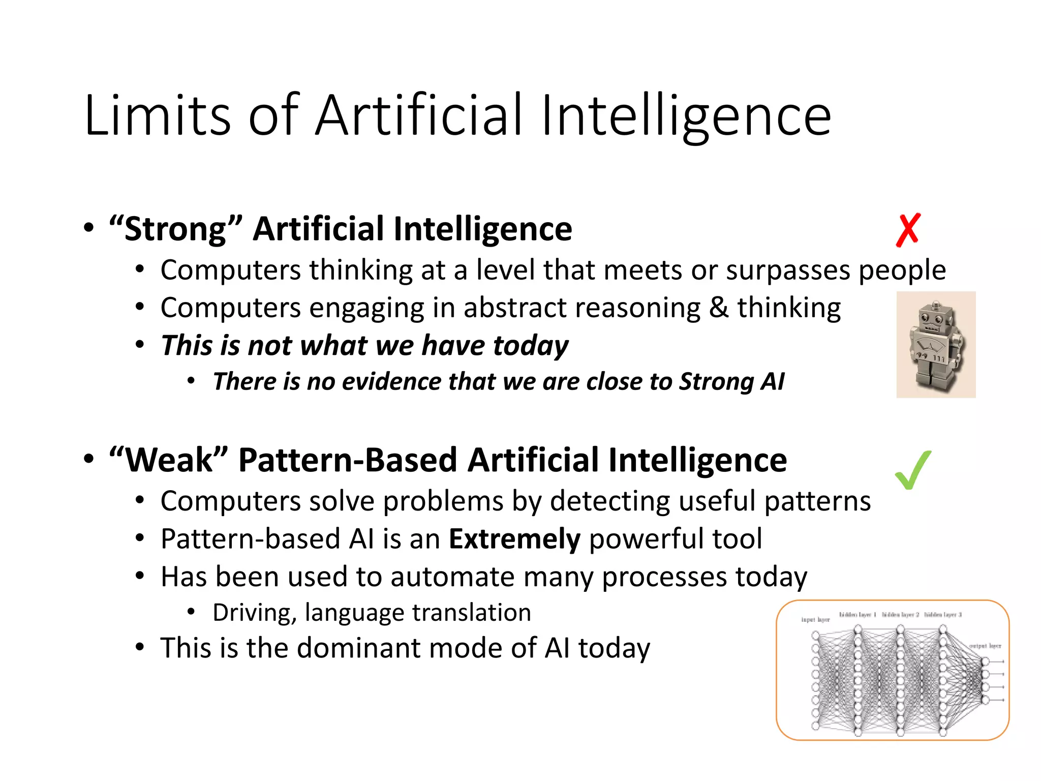 Limits of Artificial Intelligence
• “Strong” Artificial Intelligence
• Computers thinking at a level that meets or surpasses people
• Computers engaging in abstract reasoning & thinking
• This is not what we have today
• There is no evidence that we are close to Strong AI
• “Weak” Pattern-Based Artificial Intelligence
• Computers solve problems by detecting useful patterns
• Pattern-based AI is an Extremely powerful tool
• Has been used to automate many processes today
• Driving, language translation
• This is the dominant mode of AI today
✔
✘
 