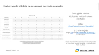 2323
Revise y ajuste el tallaje de acuerdo al mercado a exportar
Se sugiere revisar
Guías de tallas virtuales
ejemplo:
H&M
https://www.hm.com/sizeguide/
El Corte Inglés
https://www.elcorteingles.es/info/gui
a-de-tallas/
Nota: importante validar con el comprador
el mercado al que se dirige la prenda y la
talla a utilizar
 