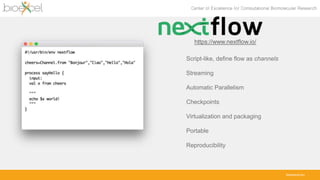 bioexcel.eu
https://www.nextflow.io/
Script-like, define flow as channels
Streaming
Automatic Parallelism
Checkpoints
Virtualization and packaging
Portable
Reproducibility
 