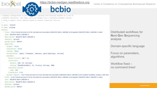 bioexcel.eu
https://github.com/chapmanb/bcbio-
nextgen
Distributed workflows for
Next-Gen Sequencing
analysis
Domain-specific language
Focus on parameters,
algorithms
Workflow fixed –
no command lines!
https://bcbio-nextgen.readthedocs.org
 