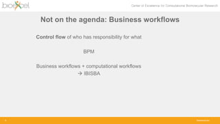 bioexcel.eu
Not on the agenda: Business workflows
Control flow of who has responsibility for what
BPM
Business workflows + computational workflows
 IBISBA
3
 