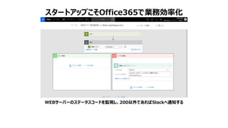 スタートアップこそOffice365で業務効率化
WEBサーバーのステータスコードを監視し、200以外であればSlackへ通知する
 