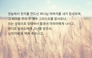전능하사 천지를 만드신 하나님 아버지를 내가 믿사오며,
그 외아들 우리 주 예수 그리스도를 믿사오니,
이는 성령으로 잉태하사 동정녀 마리아에게 나시고,
본디오 빌라도에게 고난을 받으사,
십자가에 못 박혀 죽으시고,
 