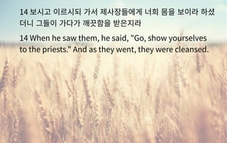 14 보시고 이르시되 가서 제사장들에게 너희 몸을 보이라 하셨
더니 그들이 가다가 깨끗함을 받은지라
14 When he saw them, he said, "Go, show yourselves
to the priests." And as they went, they were cleansed.
 