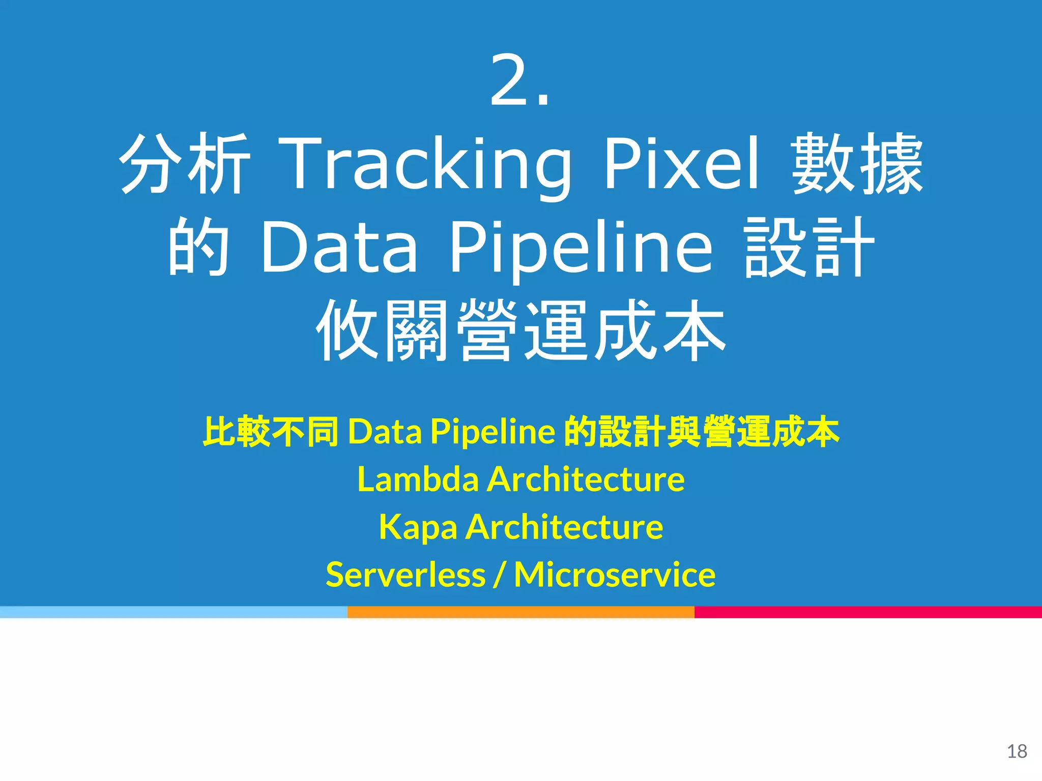 18
2.
分析 Tracking Pixel 數據
的 Data Pipeline 設計
攸關營運成本
比較不同 Data Pipeline 的設計與營運成本
Lambda Architecture
Kapa Architecture
Serverless / Microservice
 