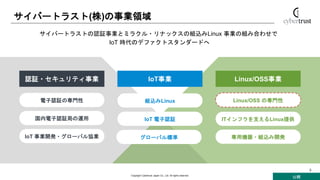 公開
Copyright Cybertrust Japan Co., Ltd. All rights reserved.
3
国内電子認証局の運用
Linux/OSS の専門性電子認証の専門性
専用機器・組込み開発
ITインフラを支えるLinux提供
グローバル標準
組込みLinux
IoT 電子認証
IoT 事業開発・グローバル協業
サイバートラスト(株)の事業領域
認証・セキュリティ事業 IoT事業 Linux/OSS事業
サイバートラストの認証事業とミラクル・リナックスの組込みLinux 事業の組み合わせで
IoT 時代のデファクトスタンダードへ
 