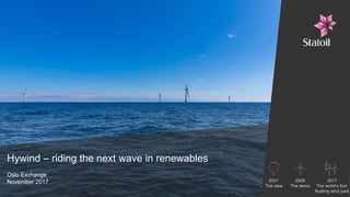 Hywind – riding the next wave in renewables
Oslo Exchange
November 2017 2001
The idea
2009
The demo
2017
The world’s first
floating wind park
 