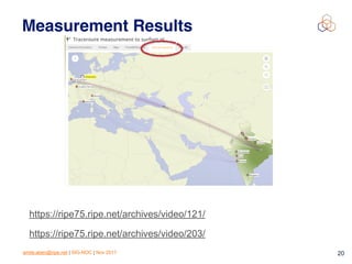 emile.aben@ripe.net | SIG-NOC | Nov 2017 20
Measurement Results
https://ripe75.ripe.net/archives/video/121/
https://ripe75.ripe.net/archives/video/203/
 