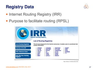 emile.aben@ripe.net | SIG-NOC | Nov 2017 37
Registry Data
• Internet Routing Registry (IRR)
• Purpose to facilitate routing (RPSL)
http://www.irr.net/docs/list.html
 