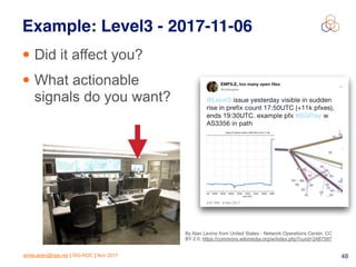 emile.aben@ripe.net | SIG-NOC | Nov 2017 48
Example: Level3 - 2017-11-06
• Did it affect you?
• What actionable
signals do you want?
By Alan Levine from United States - Network Operations Center, CC
BY 2.0, https://commons.wikimedia.org/w/index.php?curid=2487597
 