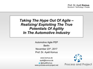 www.komus.de
Structure  Technology  People
Prof. Dr. Ayelt Komus
Taking The Hype Out Of Agile –
Realizing/ Exploiting The True
Potentials Of Agility
In The Automotive Industry
Automotive Agile PEP
Berlin
November 23rd, 2017
Prof. Dr. Ayelt Komus
www.komus.de
ayelt@komus.de
@AyeltKomus
www.process-and-project.net
 