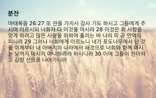 분잔
마태복음 26:27 또 잔을 가지사 감사 기도 하시고 그들에게 주
시며 이르시되 너희가 다 이것을 마시라 28 이것은 죄 사함을
얻게 하려고 많은 사람을 위하여 흘리는 바 나의 피 곧 언약의
피니라 29 그러나 너희에게 이르노니 내가 포도나무에서 난 것
을 이제부터 내 아버지의 나라에서 새것으로 너희와 함께 마시
는 날까지 마시지 아니하리라 하시니라 30 이에 그들이 찬미하
고 감람 산으로 나아가니라
 