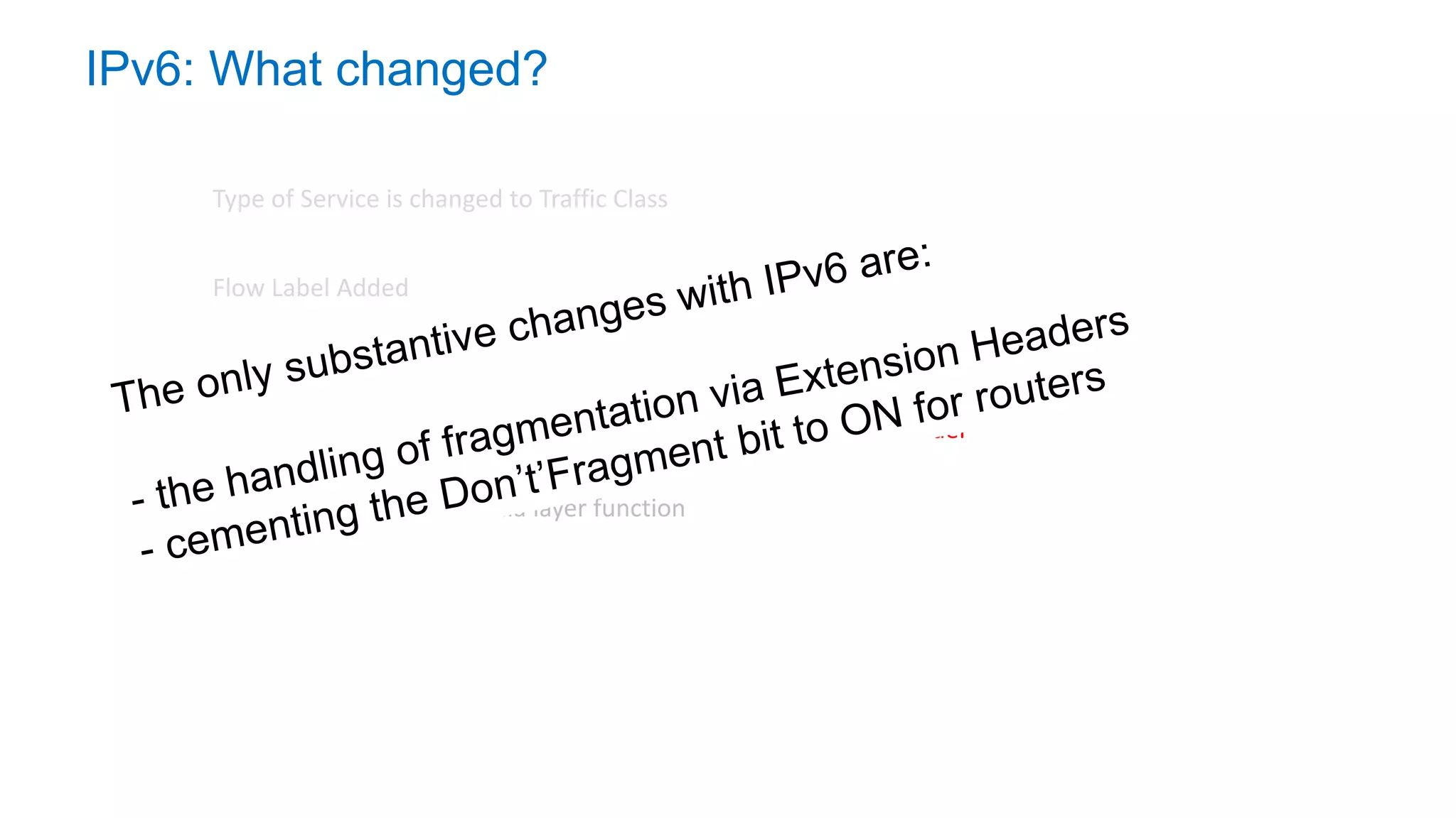 IPv6: What changed?
Type of Service is changed to Traffic Class
32 bit Fragmentation Control were pushed into an Extension Header
Flow Label Added
Options and Protocol fields replaced by Extension Headers
Checksum becomes a media layer function
 