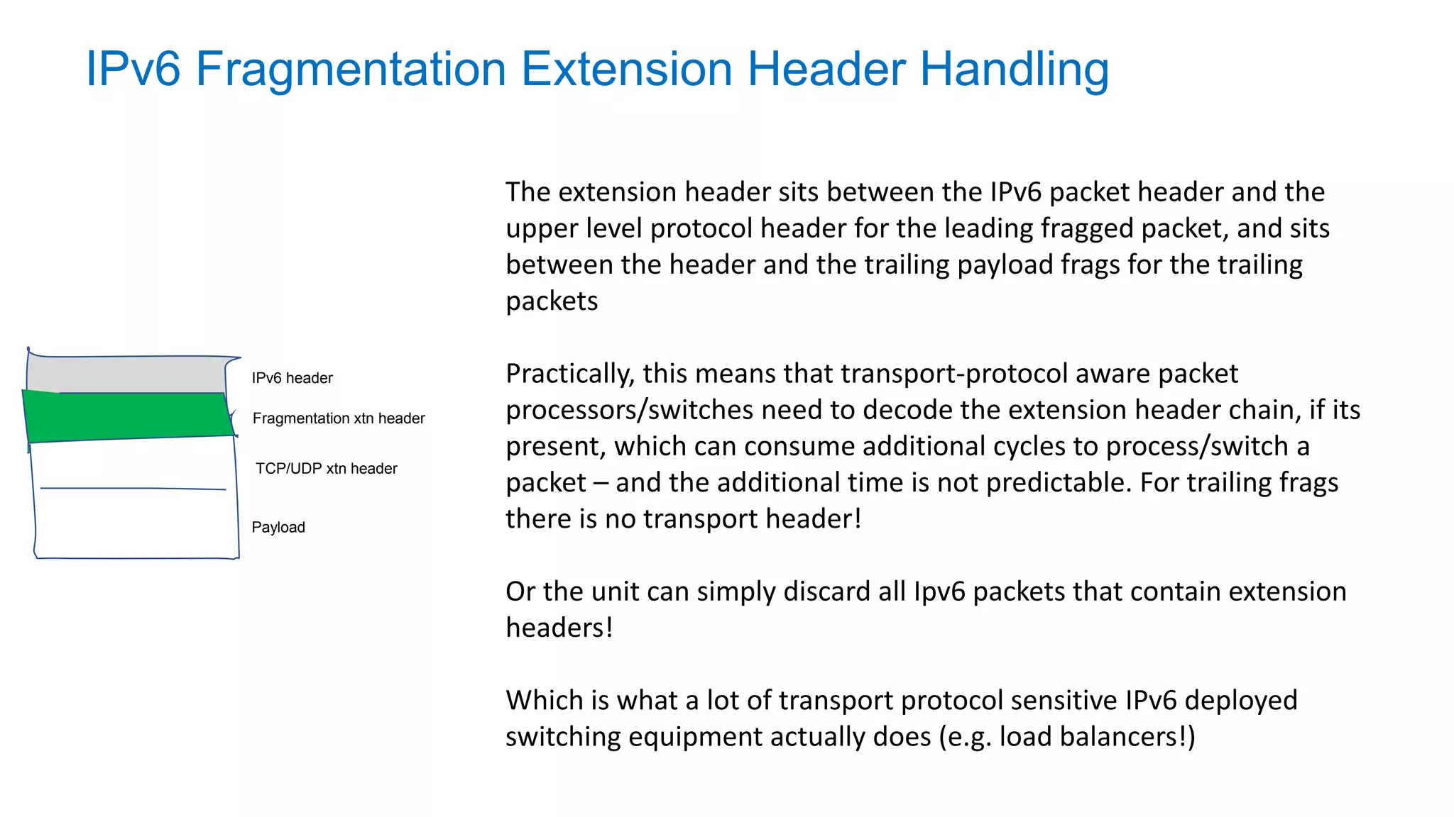 IPv6 Fragmentation Extension Header Handling
The extension header sits between the IPv6 packet header and the
upper level protocol header for the leading fragged packet, and sits
between the header and the trailing payload frags for the trailing
packets
Practically, this means that transport-protocol aware packet
processors/switches need to decode the extension header chain, if its
present, which can consume additional cycles to process/switch a
packet – and the additional time is not predictable. For trailing frags
there is no transport header!
Or the unit can simply discard all Ipv6 packets that contain extension
headers!
Which is what a lot of transport protocol sensitive IPv6 deployed
switching equipment actually does (e.g. load balancers!)
IPv6 header
Payload
TCP/UDP xtn header
Fragmentation xtn header
 