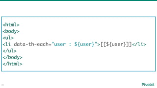 66
<html>
<body>
<ul>
<li data-th-each="user : ${user}">[[${user}]]</li>
</ul>
</body>
</html>
 