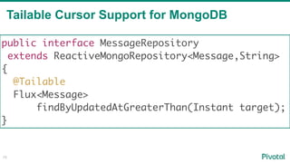 Tailable Cursor Support for MongoDB
75
public interface MessageRepository
extends ReactiveMongoRepository<Message,String>
{
@Tailable
Flux<Message>
findByUpdatedAtGreaterThan(Instant target);
}
 
