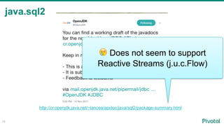 java.sql2
78
http://cr.openjdk.java.net/~lancea/apidoc/java/sql2/package-summary.html
😢 Does not seem to support
Reactive Streams (j.u.c.Flow)
 