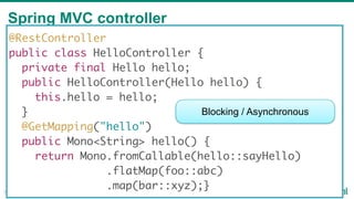 Spring MVC controller
35
@RestController
public class HelloController {
private final Hello hello;
public HelloController(Hello hello) {
this.hello = hello;
}
@GetMapping("hello")
public Mono<String> hello() {
return Mono.fromCallable(hello::sayHello)
.flatMap(foo::abc)
.map(bar::xyz);}
Blocking / Asynchronous
 