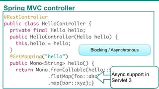 Spring MVC controller
35
@RestController
public class HelloController {
private final Hello hello;
public HelloController(Hello hello) {
this.hello = hello;
}
@GetMapping("hello")
public Mono<String> hello() {
return Mono.fromCallable(hello::sayHello)
.flatMap(foo::abc)
.map(bar::xyz);}
Blocking / Asynchronous
Async support in
Servlet 3
 