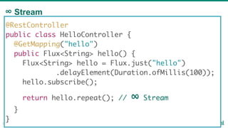 ∞ Stream
36
@RestController
public class HelloController {
@GetMapping("hello")
public Flux<String> hello() {
Flux<String> hello = Flux.just("hello")
.delayElement(Duration.ofMillis(100));
hello.subscribe();
return hello.repeat(); // ∞ Stream
}
}
 
