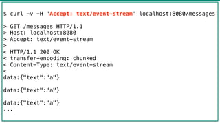 40
$ curl -v -H "Accept: text/event-stream" localhost:8080/messages
> GET /messages HTTP/1.1
> Host: localhost:8080
> Accept: text/event-stream
>
< HTTP/1.1 200 OK
< transfer-encoding: chunked
< Content-Type: text/event-stream
<
data:{"text":"a"}
data:{"text":"a"}
data:{"text":"a"}
...
 