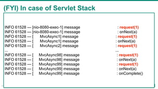 (FYI) In case of Servlet Stack
41
INFO 61528 --- [nio-8080-exec-1] message : request(1)
INFO 61528 --- [nio-8080-exec-1] message : onNext(a)
INFO 61528 --- [ MvcAsync1] message : request(1)
INFO 61528 --- [ MvcAsync1] message : onNext(a)
INFO 61528 --- [ MvcAsync2] message : request(1)
... ...
INFO 61528 --- [ MvcAsync98] message : request(1)
INFO 61528 --- [ MvcAsync98] message : onNext(a)
INFO 61528 --- [ MvcAsync99] message : request(1)
INFO 61528 --- [ MvcAsync99] message : onNext(a)
INFO 61528 --- [ MvcAsync99] message : onComplete()
 