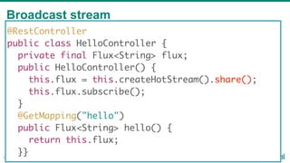 Broadcast stream
52
@RestController
public class HelloController {
private final Flux<String> flux;
public HelloController() {
this.flux = this.createHotStream().share();
this.flux.subscribe();
}
@GetMapping("hello")
public Flux<String> hello() {
return this.flux;
}}
 
