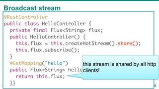 Broadcast stream
52
@RestController
public class HelloController {
private final Flux<String> flux;
public HelloController() {
this.flux = this.createHotStream().share();
this.flux.subscribe();
}
@GetMapping("hello")
public Flux<String> hello() {
return this.flux;
}}
this stream is shared by all http
clients!
 
