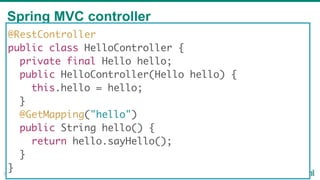 Spring MVC controller
31
@RestController
public class HelloController {
private final Hello hello;
public HelloController(...