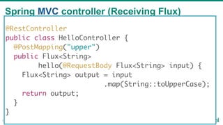 Spring MVC controller (Receiving Flux)
51
@RestController
public class HelloController {
@PostMapping("upper")
public Flux...