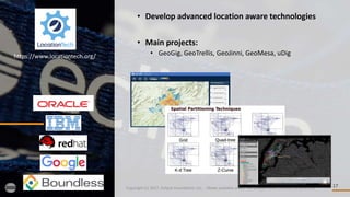 17Copyright (c) 2017, Eclipse Foundation, Inc. - Made available under the Eclipse Public License 2.0 (EPL-2.0)
• Develop advanced location aware technologies
• Main projects:
• GeoGig, GeoTrellis, GeoJinni, GeoMesa, uDighttps://www.locationtech.org/
 