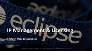 5
IP Management & Licensing
A Pillar of Open Collaborations
Copyright (c) 2017, Eclipse Foundation, Inc. - Made available under the Eclipse Public License 2.0 (EPL-2.0)
 