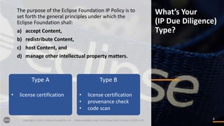 66
What’s Your
(IP Due Diligence)
Type?
Copyright (c) 2017, Eclipse Foundation, Inc. - Made available under the Eclipse Public License 2.0 (EPL-2.0)
The purpose of the Eclipse Foundation IP Policy is to
set forth the general principles under which the
Eclipse Foundation shall:
a) accept Content,
b) redistribute Content,
c) host Content, and
d) manage other intellectual property matters.
Type A
• license certification
Type B
• license certification
• provenance check
• code scan
 