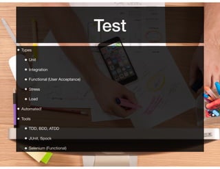 Test
• Types
• Unit
• Integration
• Functional (User Acceptance)
• Stress
• Load
• Automated!
• Tools
• TDD, BDD, ATDD
• JUnit, Spock
• Selenium (Functional)
 