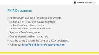 FHIR Documents
• Address CDA use case for clinical documents
• Collection of resources bound together
• Root is a Composition resource
• Much like the CDA header + narrative
• Sent as a Bundle resource
• Can be signed, authenticated, etc.
• Has the same basic obligations as a CDA document
• Full rules: http://build.fhir.org/documents.html
 