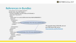 <?xml version="1.0" encoding="UTF-8"?>
<Bundle xmlns="http://hl7.org/fhir">
<id value="ee5590ab-72c0-4c07-9dc0-cc574729cd0a"/>
<type value="document"/>
<entry>
<fullUrl value="urn:uuid:511b05b3-8c3d-4cbe-b9d8-fe5f8666f994"/>
<resource>
<Composition>
<subject>
<reference value="urn:uuid:9f334dba-57b1-47bf-a2ba-a60d9583c8bb"/>
</subject>
...
</Composition>
</resource>
</entry>
<entry>
<fullUrl value="urn:uuid:9f334dba-57b1-47bf-a2ba-a60d9583c8bb"/>
<resource>
<Patient>...</Patient>
</resource>
</entry>
</Bundle>
References in Bundles
This example shows UUID URIs, but can
be a FHIR server URL such as
http://example.org/fhir/Patient/1
 