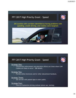 11/9/2017
14
FFY 2017 High Priority Grant – Speed
28 Counties with corridors identified as having problems with
speeding, unsafe driving, and crashes were targeted.
FFY 2017 High Priority Grant – Speed
Strategy One:
• Concentrate enforcement and education efforts are times where CMV
crashes are likely to occur – 280 details.
Strategy Two:
• Provide safety brochures and/or other educational handouts.
Strategy Three:
• Use aircraft with posted signs to alert public.
Strategy Four:
• Focus on inattentive driving (cellular phone use, texting).
 