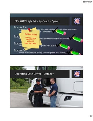 11/9/2017
16
FFY 2017 High Priority Grant – Speed
Strategy One:
• Concentrate enforcement and education efforts are times where CMV
crashes are likely to occur – 280 details.
Strategy Two:
• Provide safety brochures and/or other educational handouts.
Strategy Three:
• Use aircraft with posted signs to alert public.
Strategy Four:
• Focus on inattentive driving (cellular phone use, texting).
Operation Safe Driver - October
 