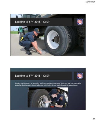 11/9/2017
34
Looking to FFY 2018 - CVSP
Looking to FFY 2018 - CVSP
Inspecting commercial vehicles and their drivers to ensure vehicles are mechanically
sound and drivers are in compliance with federal and state laws and regulations.
 