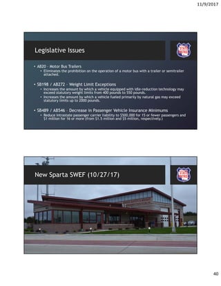 11/9/2017
40
Legislative Issues
• AB20 – Motor Bus Trailers
• Eliminates the prohibition on the operation of a motor bus with a trailer or semitrailer
attached.
• SB198 / AB272 – Weight Limit Exceptions
• Increases the amount by which a vehicle equipped with idle-reduction technology may
exceed statutory weight limits from 400 pounds to 550 pounds.
• Increases the amount by which a vehicle fueled primarily by natural gas may exceed
statutory limits up to 2000 pounds.
• SB489 / AB546 – Decrease in Passenger Vehicle Insurance Minimums
• Reduce intrastate passenger carrier liability to $500,000 for 15 or fewer passengers and
$1 million for 16 or more (from $1.5 million and $5 million, respectively.)
New Sparta SWEF (10/27/17)
 