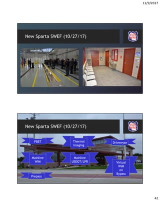 11/9/2017
42
New Sparta SWEF (10/27/17)
New Sparta SWEF (10/27/17)
PBBT
Mainline
WIM Virtual
WIM
on
Bypass
Thermal
Imaging
Drivewyse
Prepass
Mainline
USDOT/LPR
 