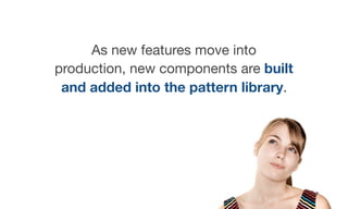 As new features move into
production, new components are built
and added into the pattern library.
 