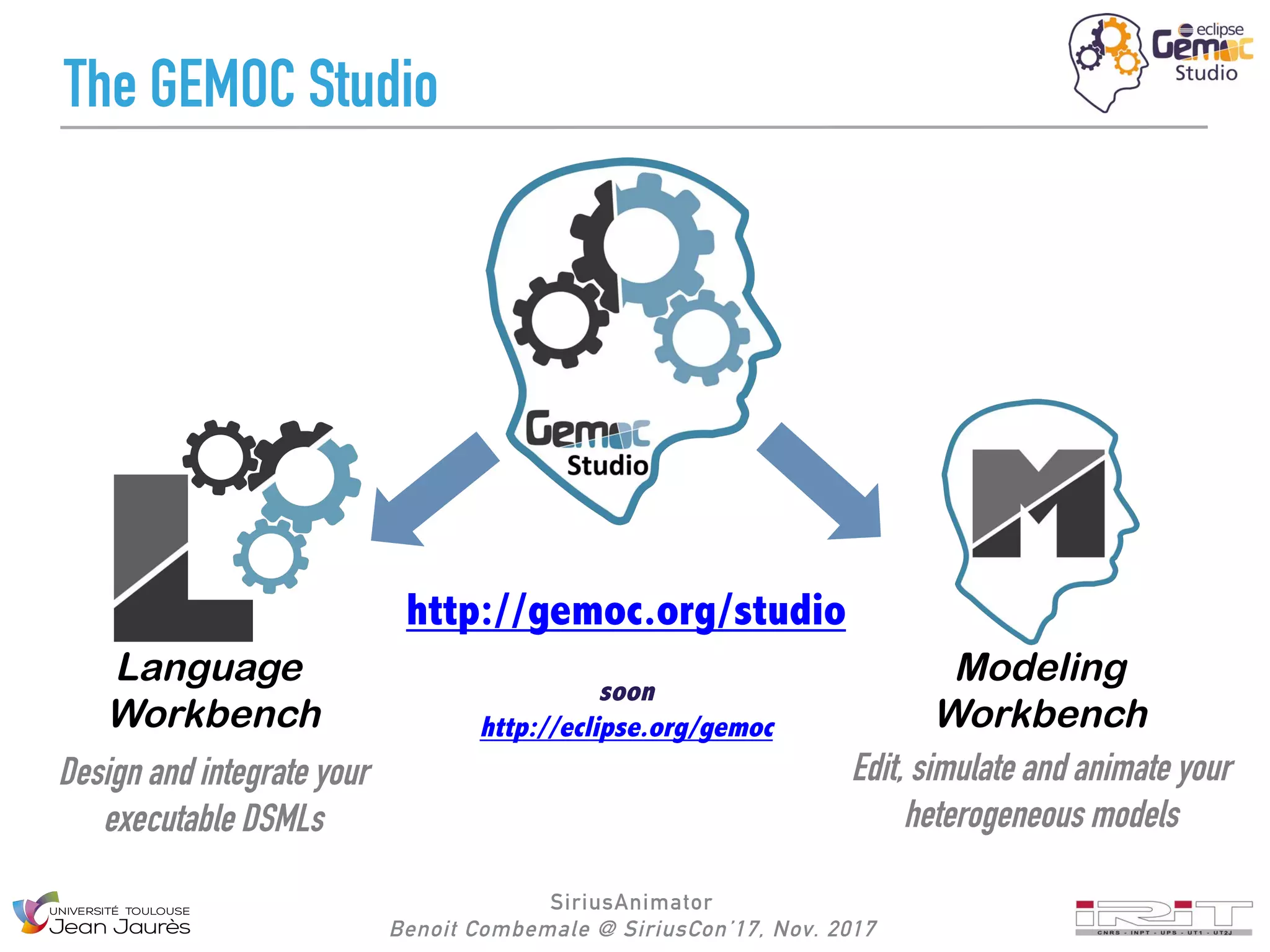 SiriusAnimator
Benoit Combemale @ SiriusCon’17, Nov. 2017
The GEMOC Studio
-
22
Design and integrate your
executable DSMLs
http://gemoc.org/studio
soon
http://eclipse.org/gemoc
Language
Workbench
Modeling
Workbench
Edit, simulate and animate your
heterogeneous models
 