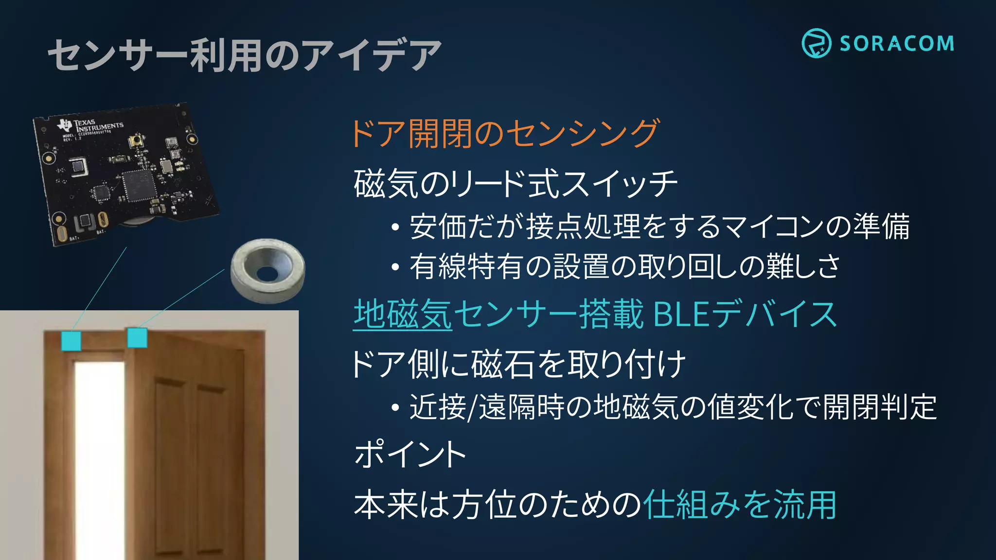センサー利用のアイデア
ドア開閉のセンシング
磁気のリード式スイッチ
• 安価だが接点処理をするマイコンの準備
• 有線特有の設置の取り回しの難しさ
地磁気センサー搭載 BLEデバイス
ドア側に磁石を取り付け
• 近接/遠隔時の地磁気の値変化で開閉判定
ポイント
本来は方位のための仕組みを流用
 
